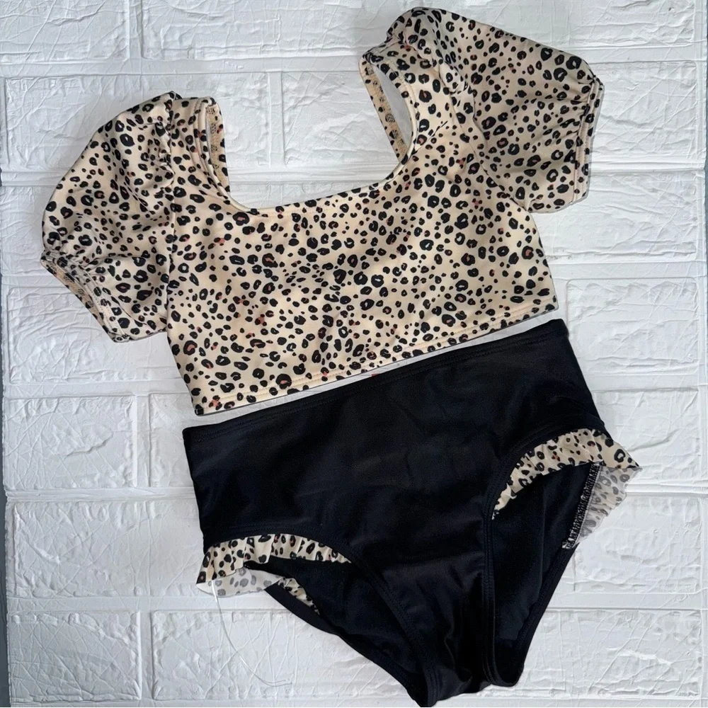 Leopard Print Puff Sleeve Swimsuit Crop Top and Black Bikini Bottom M (8)
